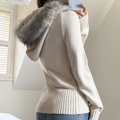 Cable Knit Fur Hooded Zip Jacket