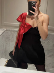 Black Strapless Red Satin Bow Mini Dress