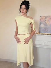 Off-Shoulder Tie Crop Top And Midi Skirt Set