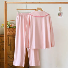 Cotton Doll Collar Shirt And Pants Pajama Sets