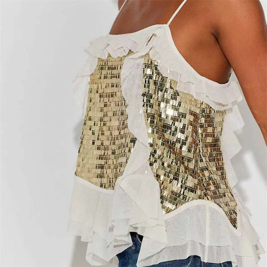 Gold Spaghetti Strap Sequin Ruffle Top