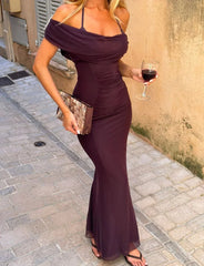 Purple Halter Off-Shoulder Mesh Maxi Dress