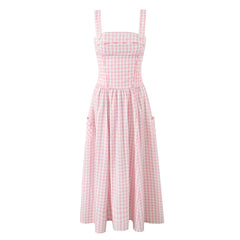 Pink Plaid Strappy Midi Dress