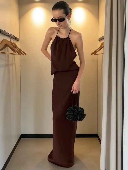 Brown Satin Tie up Backless Top And Long Skirt Set