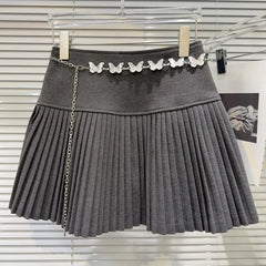 Solid Pleated Mini Skirt With Butterfly Chain Free From Label