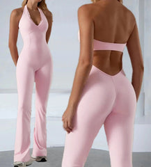 Pink jumpsuit shown from front and back on a plain background