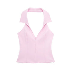 Solid Halter Collar Vest And Back Pocket Shorts Set