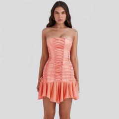 Satin Lace Up Bandage Strapless Mini Dress