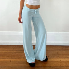 Fold‑Over Waist Drawstring Wide Leg Bootcut Long Pants