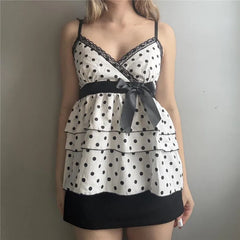 Polka Dot Layered Ruffle Babydoll Bow Cami Top