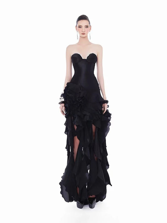 Strapless Diamonds Patchwork Ruffles Long Dress