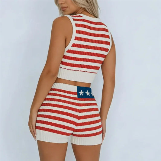 American Flag Knit Crop Top And High Waist Biker Shorts Set