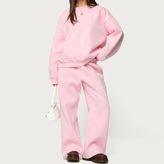 Pink Heart Patchwork Pullover Top And Wide Leg Pants Matching Set