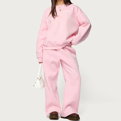 Pink Heart Patchwork Pullover Top And Wide Leg Pants Matching Set