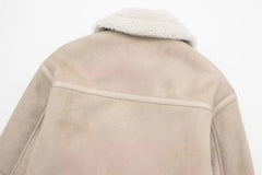 Beige Fur Lining Turn-Down Collar Biker Jacket