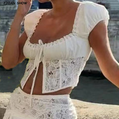 White Embroidery Ruched Chest Corset Tank Top