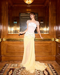 Cape Sleeve Chiffon Tiered Petals Sequined Pearl Embellished Gown
