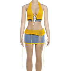 Distressed Blue and Yellow Knit Crop Top And Mini Skirt Set