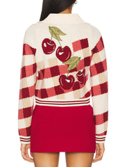 Person wearing a red and white checkered sweater with cherry design on the back.