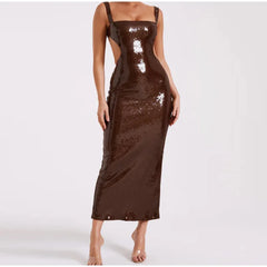 A glamorous brown sequin maxi dress with a sleeveless design and a flattering silhouette.