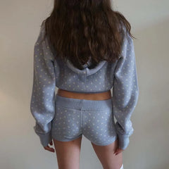 Knit Polka Dot Zip Up Cropped Hoodie and Shorts Set