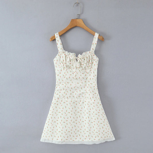 White Rose Flower Print Ruched Chest Mini Dress