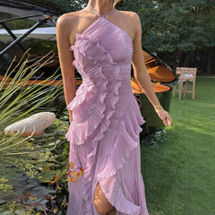 Spaghetti Strap Pleated Irregular Ruffle Desgin Long Dress