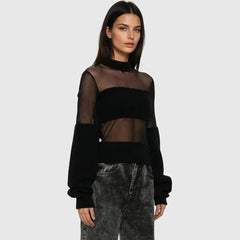 Black Mesh Patchwork Long Sleeve Turtleneck Top