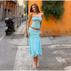 Sequin Patchwork Strapless Sweetheart Neckline Top And Midi Skirt Set