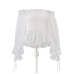 White Lace Trim Off-shoulder Ruffle Cuff Lantern Sleeve Top