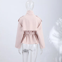 Stand Collar Double Breasted Long Sleeve Belted Short Trench Coat