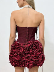 Red Lace Up 3D Flower Corset And Mini Skirt Set