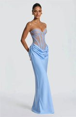 Strapless Lace Corset Satin Drape Maxi Dress