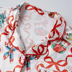 Christmas Feather Trim Satin Long Sleeve Button Down Top And Pants Pajama Set