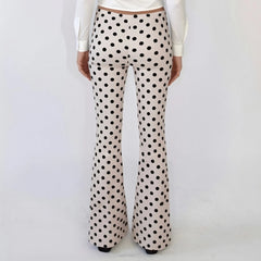Satin Polka Dot Print Drawstring Low Waist Flare Leg Trousers