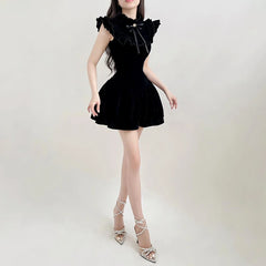 Ruffle Sleeve High Neck Velvet Black Mini Dress