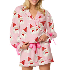 Christmas Satin Button Down Shirt And Pajama Shorts Set