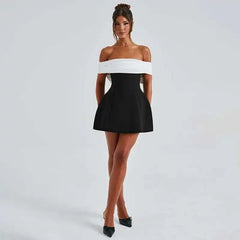 Black A-line Off Shoulder Satin Strap Mini Dress