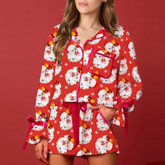 Christmas Long Sleeve Santa Claus Print Top with Elastic Waist Shorts Pajamas Set