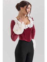 Long Sleeve Lace Flare Trim Corset Top