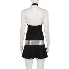Black Halter Hollow Out Sequin Strap Mini Dress