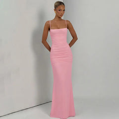 Solid Backless Lace-up  Spaghetti Strap Maxi Dress