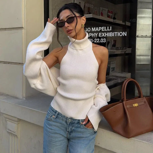 Ribbed Knit Turtleneck Cutout Shoulder  Vest Long-Sleeved Shawl 2-Piece Set Top