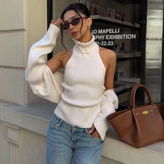 Ribbed Knit Turtleneck Cutout Shoulder  Vest Long-Sleeved Shawl 2-Piece Set Top