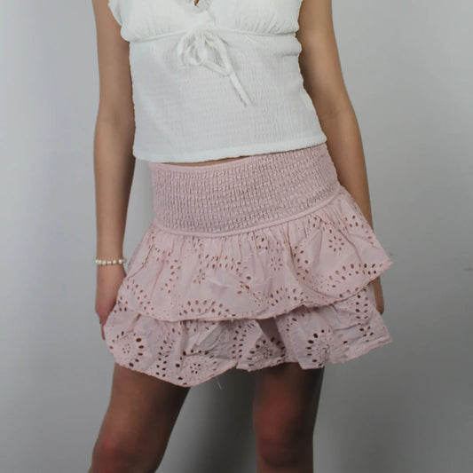 Elastic High Waist Eyelet Tiered Mini Skort