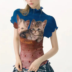 Cat Printed High Collar Ruffled Hem Short Sleeve Top