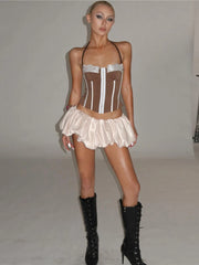 Brown Lace Corset And Puff Satin Mini Skirt Set