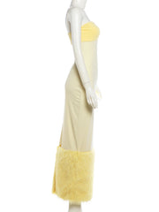 Yellow Fur Patchwork Short Jacket And Strapless Maxi Dress Set