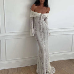 White Lace Off-Shoulder Long Sleeve Dress