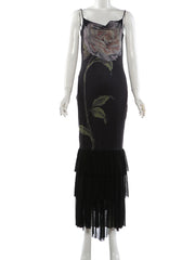 Black Rose Satin Print Spaghetti Strap Tassel Hem Maxi Dress